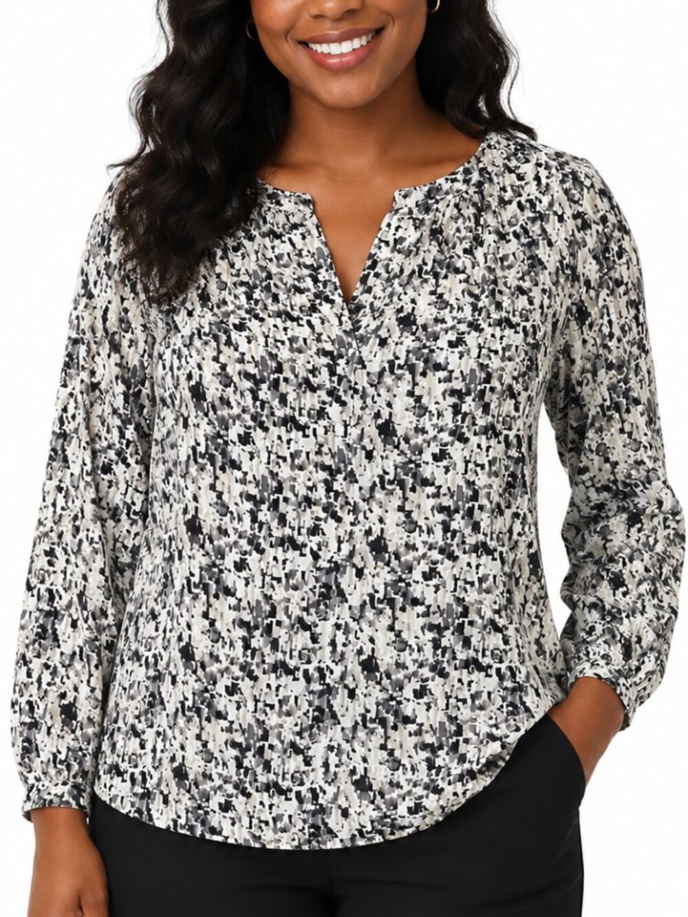 CAbi Cream Tan Black Grey Geometric Shatter Pullover Semi-Sheer Blouse